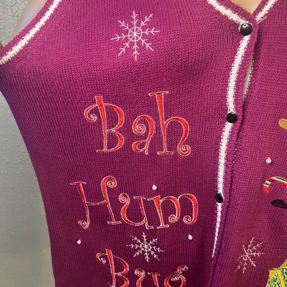Holiday Time Plum Color Button up BAH HUM BUG Sweater Vest Lady Bugs Holiday XL - Picture 5 of 10